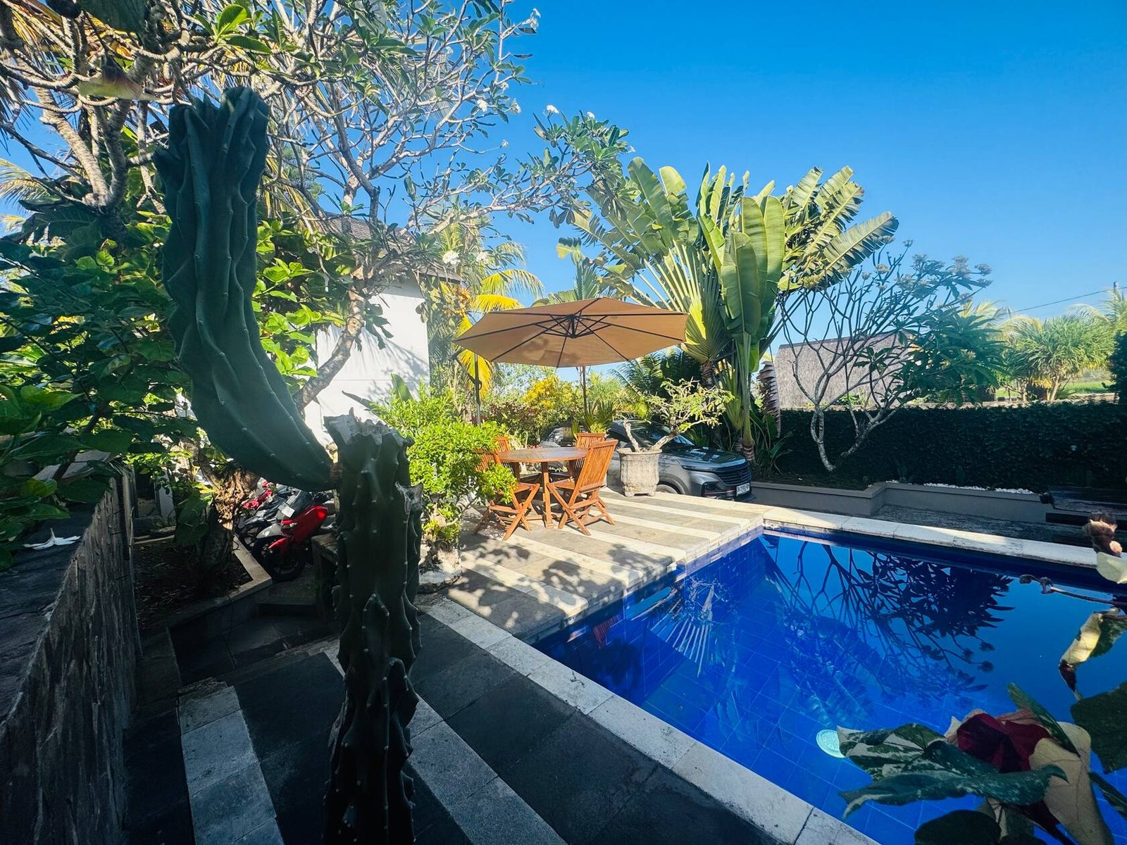 Pool terrace with table and parasol